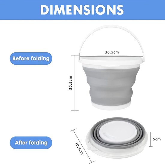Siliconen opvouwbare emmer 10L is een handige, opvouwbare emmer die ideaal is voor thuis schoonmaken, kamperen, vissen, autowassen, keukengebruik en als draagbare watercontainer. De emmer is grijs van kleur.