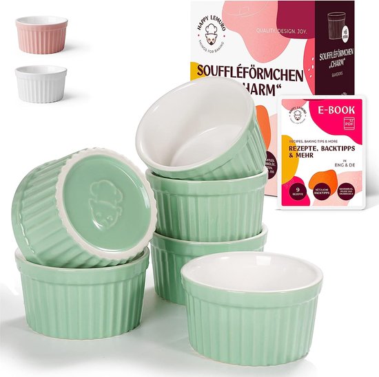 Souffle vormpjes, 6 stuks, elk 180 ml, design crème brûlé-schaaltjes, ovenvast, pastetvormpjes, kleine ovenschoteltjes, soufflévormpjes (mint)