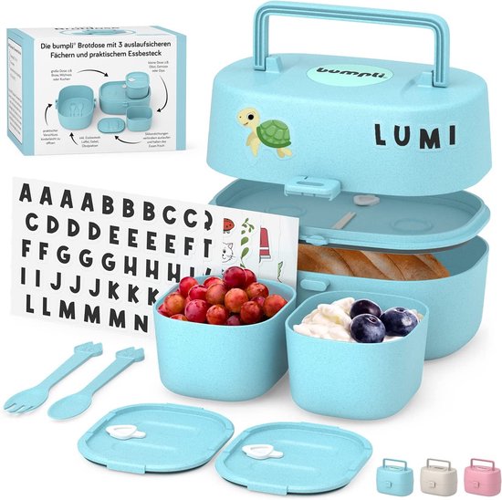 Broodtrommel voor kinderen met vakken incl. gratis naamsticker - 100% BPA-vrij - Bento Box kinderen, broodtrommel voor meisjes en jongens, snackbox, perfect voor school, kleuterschool en uitstapjes