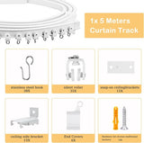 5 meter gebogen gordijnrail met stille rollen, flexibele gordijnrail, buigbare plafondhouder, gordijnscheidingswand, zacht raamrailsysteem, accessoires met 38 haken (128 stuks)