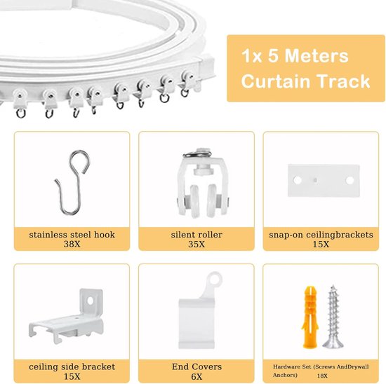 5 meter gebogen gordijnrail met stille rollen, flexibele gordijnrail, buigbare plafondhouder, gordijnscheidingswand, zacht raamrailsysteem, accessoires met 38 haken (128 stuks)