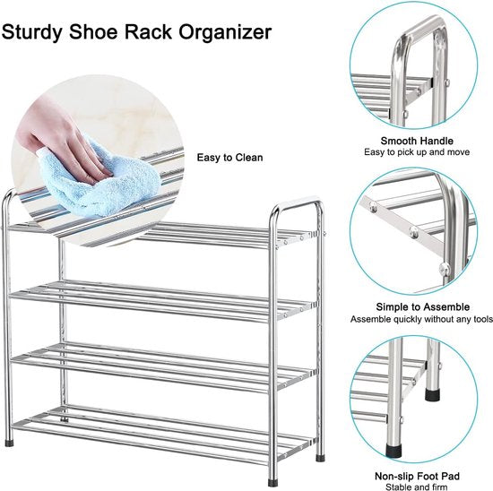 Schoenenrek, Schoenenrekken 4 lagen roestvrij staal, schoen organizer voor maximaal 12-16 paar schoenen, schoenenrek voor Woonkamer, kledingkast en Hal, 68 x 26 x 65 cm