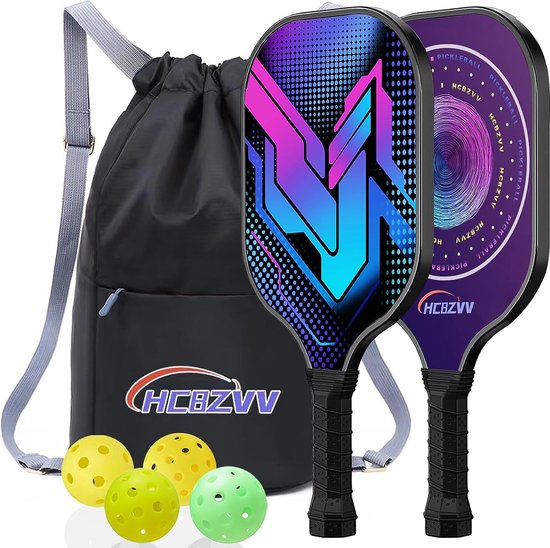 Pickleball Paddles Racket Set, Pickleball Paddle Set met 2 Rackets en 4 Ballen, 1 Draagbare Tas, Ergonomische Comfort Grip, Outdoor en Indoor, Geschikt voor Beginners (2 Stuks)