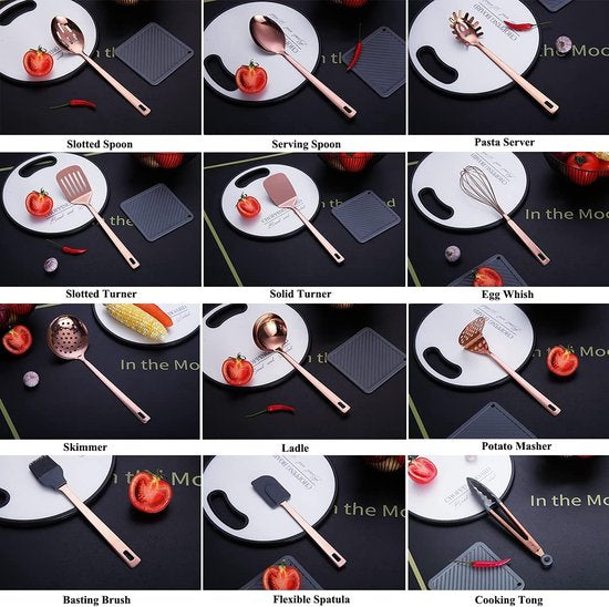 Set keukengerei van koper, 13-delig kookgerei van roestvrij staal met titanium roségouden coating, keukengereiset met keukengereihouder voor anti-aanbakkookgerei (13 verpakkingen)