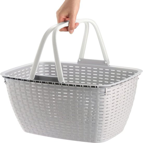 Boodschappenmand met handvat, lichte draagmand van kunststof, voor het vervoer van boodschappen, stevige plastic mand met gevlochten look (01 stuks, lichtgrijs)