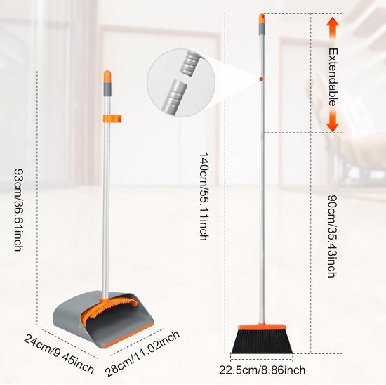 stoffer en blik, veger met veegschep, combo met 137 cm lang uittrekbare handgreep, voor huishoudelijke werkzaamheden