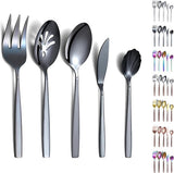 5 stuks zwart bestek, roestvrijstalen bestek met zwarte titanium coating, serveerlepel, schuimlepel, serveervork, suikerlepel, boterstrooier, vaatwasmachinebestendig