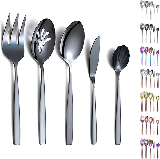 5 stuks zwart bestek, roestvrijstalen bestek met zwarte titanium coating, serveerlepel, schuimlepel, serveervork, suikerlepel, boterstrooier, vaatwasmachinebestendig
