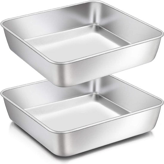 cakevorm, roestvrij staal, vierkante Brownie bakvorm ovenschaal set van 2, 20 x 20 x 5 cm, perfect voor taarten / brownie / lasagne, gezond en niet giftig, vaatwasmachinebestendig