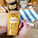 Set van 4 voorraadpotten met bamboe deksel, 0,75 L (13,5 x 10 cm) voorraadpotten van glas. Luchtdichte glazen met houten deksel. Met etiketten en markers.