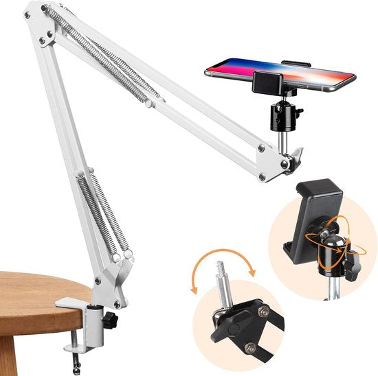 Mobiele telefoon scharnierarmhouder met smartphone-klem en 1/4 inch schroef lange mouwen mobiele telefoon houder scharnierarm Haterung (wit)
