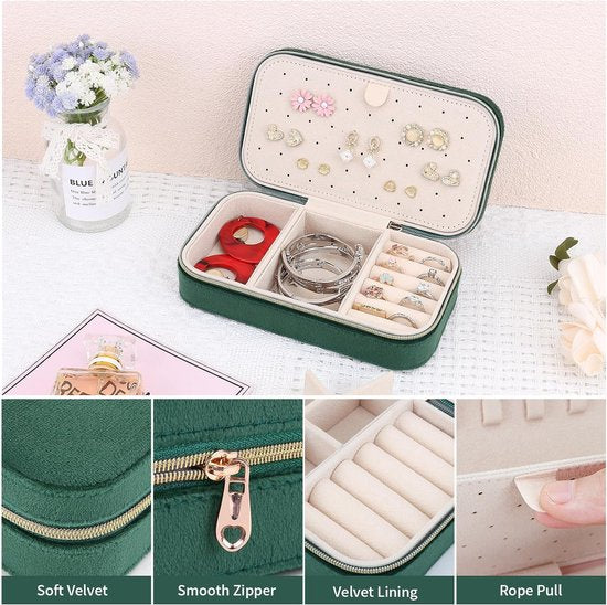 Klein reissieradenkistje, fluweel, voor meisjes en vrouwen, mini-sieradenorganizer, opslag voor ringen, oorbellen, halskettingen, armbanden, klein sieradenkistje, donkergroen