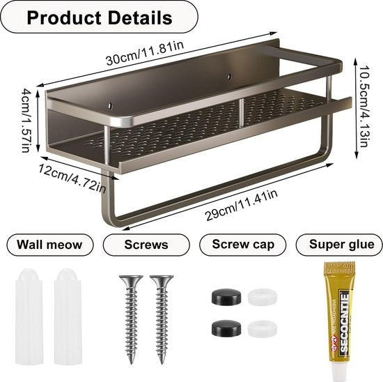 Doucheplank zonder boren, 2 stuks, 30 cm, roestvrije organizer, badkamerrek, douche-shampoorek met handdoekhouder en 5 haken, voor slaapkamer, woonkamer en keuken, badkamerorganizer (grijs