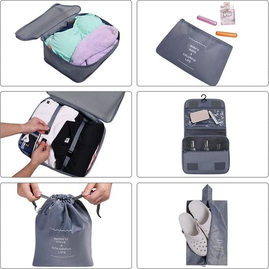 Koffer Organizer Set 8-delig, verpakking cubes, waterdichte reistas, kledingtassen, paktassen voor koffer, kofferorganizer, reistas met make-uptas, schoenenzak, USB-kabeltas (As)