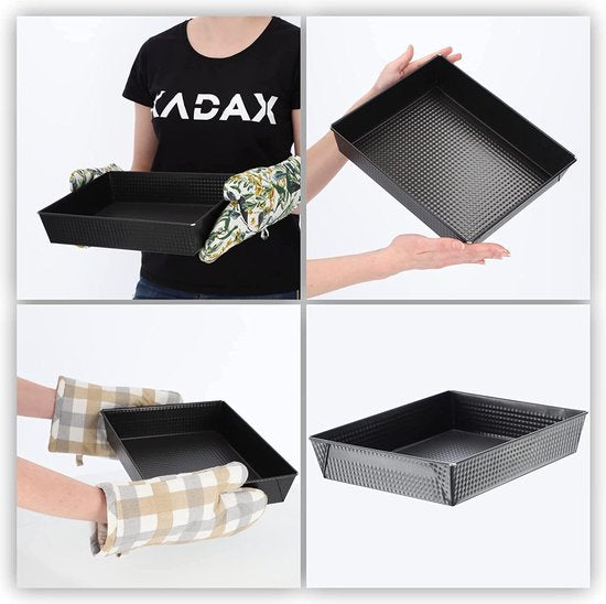 KADAX Rechthoekige bakvorm, bakplaat in 3 maten, hoge blikken randen voor cake, toast, cheesecake, brownie, onderhoudsvriendelijke bakvorm, warmteverdeling (30,5 x 25,5 cm, zwart)