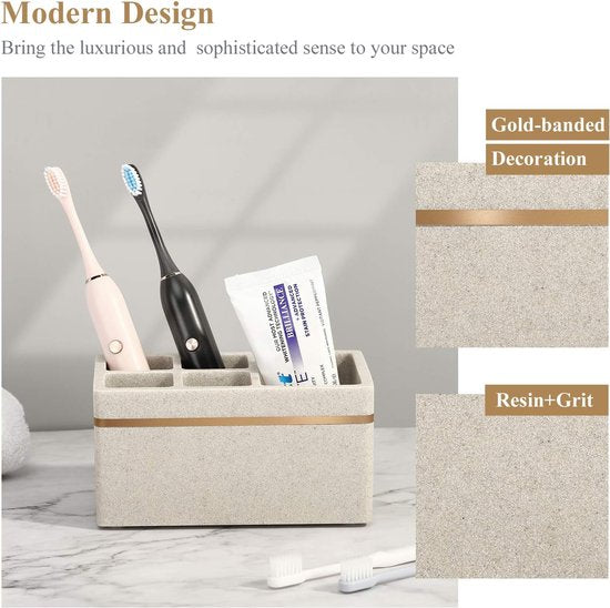 Tandenborstelhouder, 5 vakken, elektrische tandenborstelhouder met afvoergat, tandenborstelstandaard, hars, tandenborstelhouder voor badkamer, tandenborstelhouder voor tandpasta, zand, kaki
