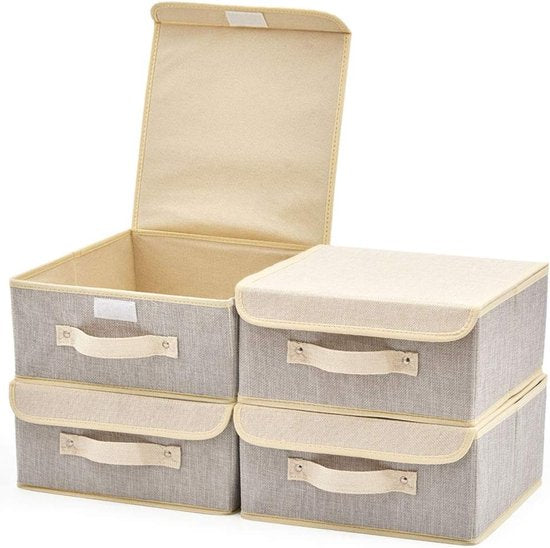 4 stuks kleine opbergdozen met deksel en handvat, opvouwbare kubus opbergkist van stof voor kledingkast, kast, kinderkamer - grijs en beige