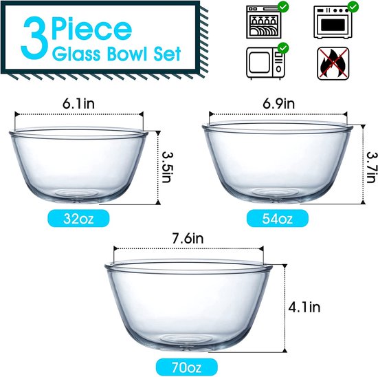 3-delige set glazen kommen, set transparante mengkommen, slakom glas ronde glazen kommen voor in de keuken (1L + 1.6L + 2.1L)