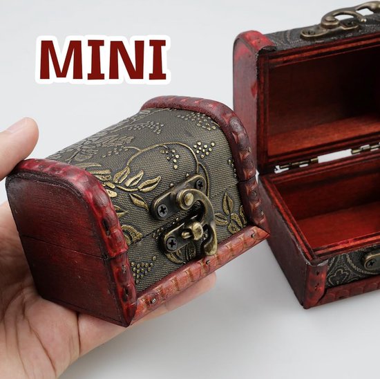 Schatkist met 4 patronen, klein hout, 8 x 6 x 6 cm, super-mini vintage juwelendoos, vintage houten schatkist, houten kistje, voor sieradenkist, piratenkist, bewaren of decoratie