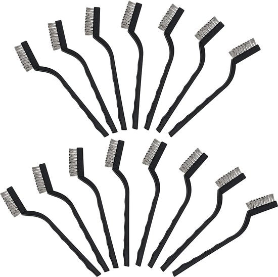 Mini roestvrijstalen draadborstelset (set van 15) - staalborstel met gebogen kunststof handgreep en ophanggat - ambachtelijke borstel voor het reinigen van metselwerk, metaalwerk