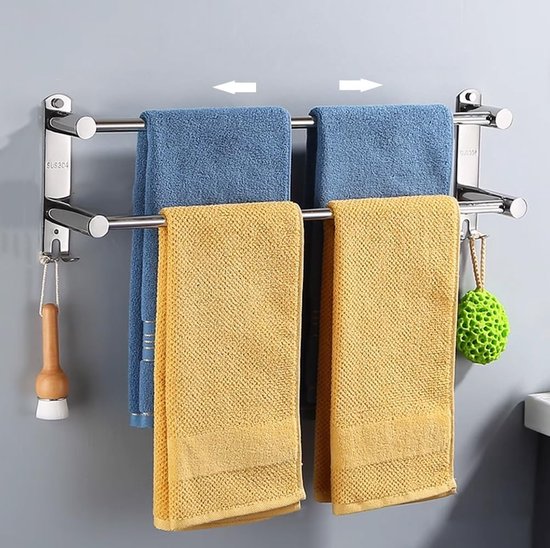 Towel Rail Extendible 2 Arms, 43-75 cm Telescopic Towel Rail No Drilling with 4 Hook Positions, Stainless Steel Towel Rail for Bathroom Kitchen Wall - 2 Installation Methods