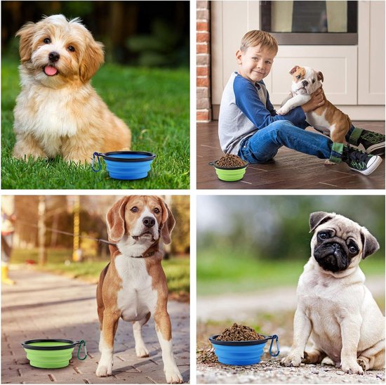 Set van 2 opvouwbare hondenbakken, reisbak voor huisdieren met deksel en haak, draagbare siliconen voerbak, hondenbak voor reizen, wandelingen, kennel, kamperen (450 ml, blauw en groen)