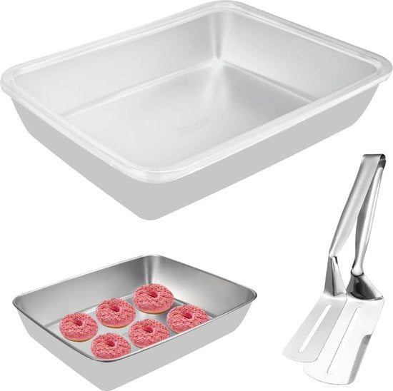 Bakplaat met deksel, taartplaat, roestvrijstalen bakvorm, 25,5 x 19,8 cm, lekbak, ovenschaal, taartplaat met deksel, rechthoekig, kunststof steakklemmen, diepe ovenschaal voor taarten, brownies, lasagne