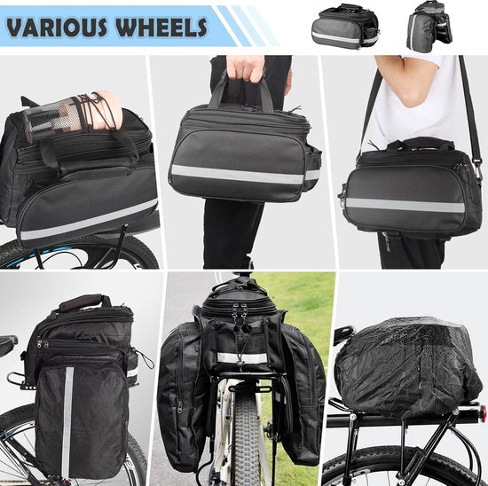 Fietstassen voor bagagedragers 10 tot 27L fietstassen, bagagedragertassen, waterdicht met regenhoes, reflecterende draaggreep en schouderband, multifunctionele fietstas