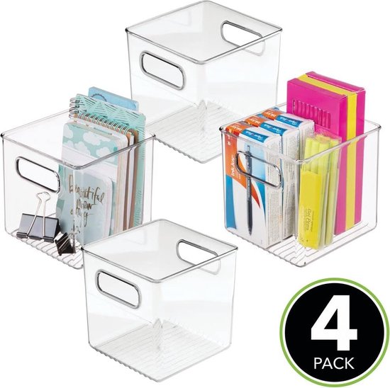 Set van 4 opbergdozen voor de werkplek – voor het opbergen van kantoorbenodigdheden en schrijfwaren – kunststof doos voor de brievenbak – doorzichtig