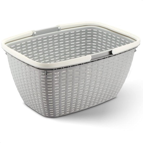 Boodschappenmand met handvat, lichte draagmand van kunststof, voor het vervoer van boodschappen, stevige plastic mand met gevlochten look (01 stuks, lichtgrijs)