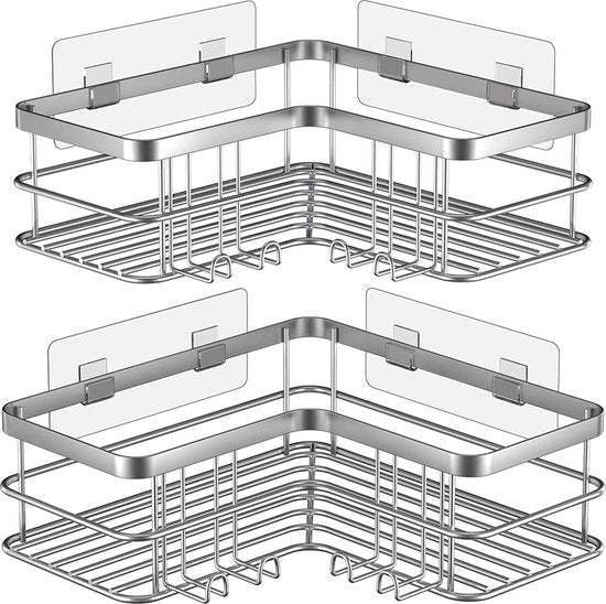 Hoek Douche Caddy 2 Pack, Geen Boren Douche Organizer Hoekplank voor Badkamer Bad, RVS Douche Caddy Hoekplank met 8 Haken en 6 Lijmen (Zilver)