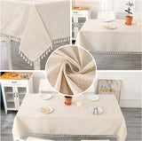 Beige tafelkleed, linnen, rechthoekig, afwasbaar, keukentafelkleed voor verjaardag, feest, bruiloft, met kwastjes, tafellinnen, voor salontafel, tuintafel, 100 x 140 cm