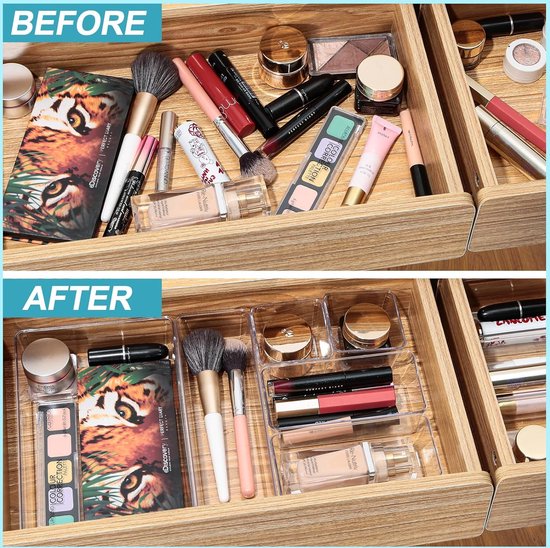Lade-organizer, 8-delige kaptafel-organizer voor lade met 4 maten, bureaulade-organizer-systeem, plastic make-up-organizers, voor cosmetica, keuken, badkamer, kantoor