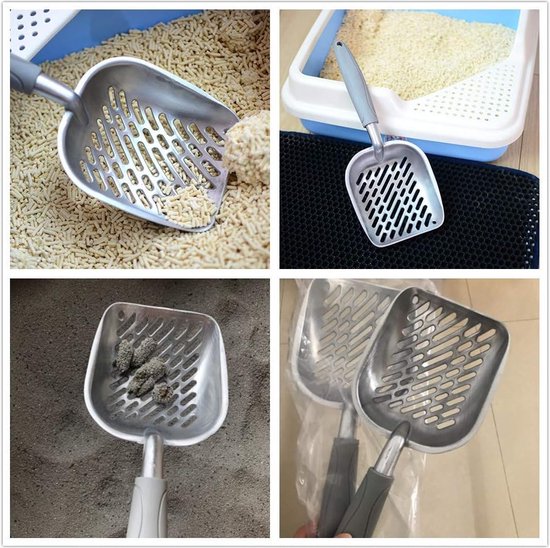 Kattenbakschep, robuuste metalen schep voor huisdierstrooisel, gemakkelijk te reinigen, blauw, wit, zwart, willekeurig sturen (35 x 14 x 14 x 4 cm)