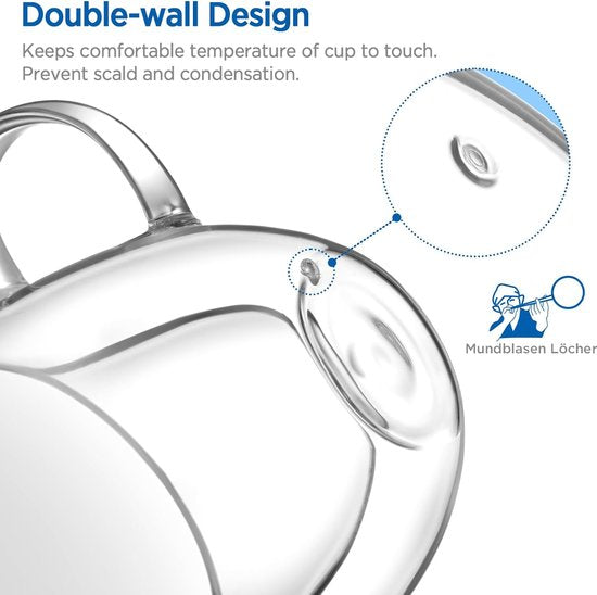 Dubbelwandige espressokopjes, 150 ml, set van 2, koffieglazen, theeglazen met handvat en schotel, hartmok voor melk, sap, cadeau voor vrouwen, vriend/in paren voor verjaardag, bruiloft,