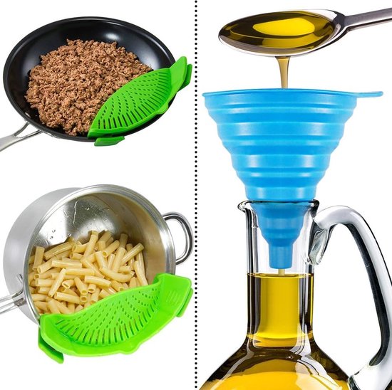 Siliconen napzeef met 2 inklapbare trechters, handsfree clip-on hittebestendige Colander Pour-uitloop voor pasta, groentenoedels pannenschaal, groen