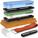 Whetstone Set, dubbelzijdige 400/1000 en 3000/8000 grit slijpstenen met dressing steen, hoekgeleider, bamboe basis, leren strips, voor het slijpen en polijsten van metalen mesjes (platte basis)