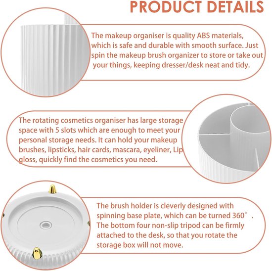Make-up organizer, 360° roterende borstelorganizer Kaptafelorganizer, 5 compartimenten Cosmetische organizer Oogschaduwborstel Lippenstifthoes voor kaptafel, slaapkamer, badkamer, Wit