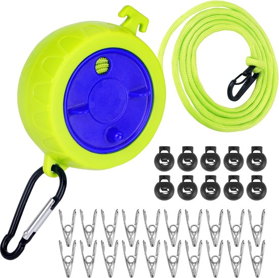 Retractable Washing Line, 10 m Portable Anti-Winding Travel Clothesline, Adjustable Camping Washing Line with 10 Fixed Buckles and 20 Clothespins for Camping Outdoor Indoor