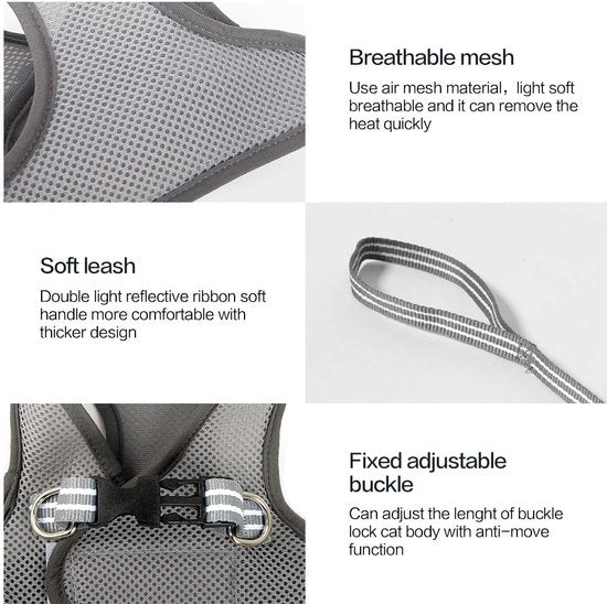 Kattenharnas en lijn Ultralicht voor ontsnappingsbescherming Verstelbaar kruis van zacht gaas in gewatteerde vulling Hardloopvest Jas voor kittens Huisdieren Puppy