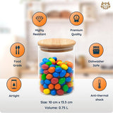 Set van 4 voorraadpotten met bamboe deksel, 0,75 L (13,5 x 10 cm) voorraadpotten van glas. Luchtdichte glazen met houten deksel. Met etiketten en markers.