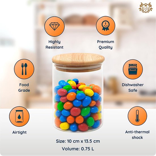 Set van 4 voorraadpotten met bamboe deksel, 0,75 L (13,5 x 10 cm) voorraadpotten van glas. Luchtdichte glazen met houten deksel. Met etiketten en markers.