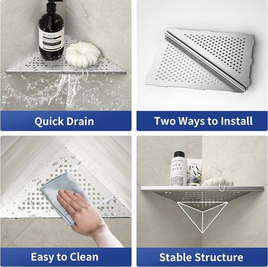 Hoekplank, doucheplank, 304 roestvrij staal, zonder boren, voor badkamer, shampoohouder, organizer, vierkant gat 253 x 253 x 355 mm, geborsteld