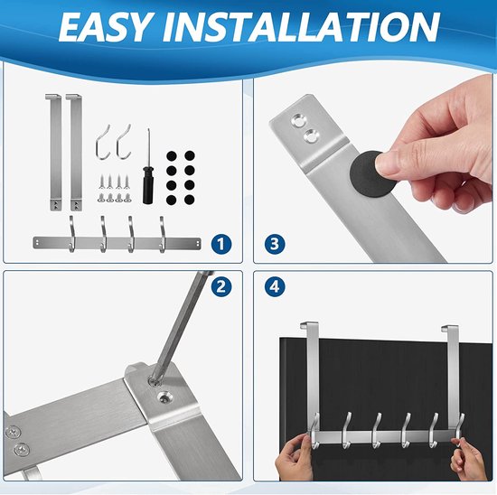 Deurhanger om op te hangen, deurhaak, roestvrij staal met 6 dubbele haken, kledinghaken, deur, geen boren, handdoekhouder, deur (dikte 2,1 cm, zilver