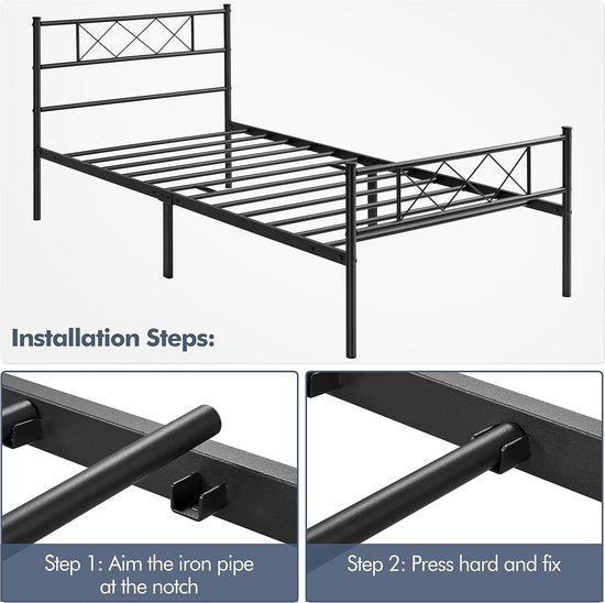 Modern metalen bedframe met lattenbodem, tweepersoonsbedframe met hoofdeinde, logeerbed voor slaapkamer en logeerkamer, 90 x 200 cm, zwart