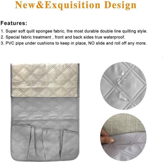 Armleuningorganizer, waterdicht, ruimtebesparend, voor bank of stoel, bed, opbergtas, tv, afstandsbediening, houder voor mobiele telefoon, boek, tijdschriften, potlood (grijs)