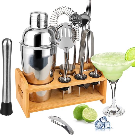 Cocktailshaker 13 + 1-delige cocktailbarset roestvrij staal met standaard - 550 ml baardending kit barkeeper gereedschap Boston cocktailsets perfect cadeau voor thuis en keuken