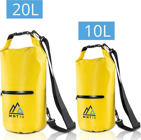 Droogzak, waterdichte pakzak, met draagriem, droge zakken, waterdicht, 10 of 20 liter, waterdichte tas voor reizen, outdoor en camping, slijtvast, geel, set van 2 (10 l, 20 l))