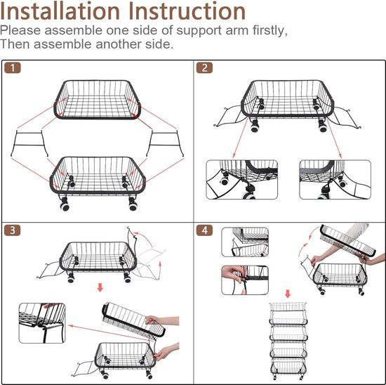 Groenterek voor keuken, 5-traps stapelbare fruitmand, groenteopslag met afsluitbare wielen en 5 S-haken voor keuken, eetkamer, badkamer, garage