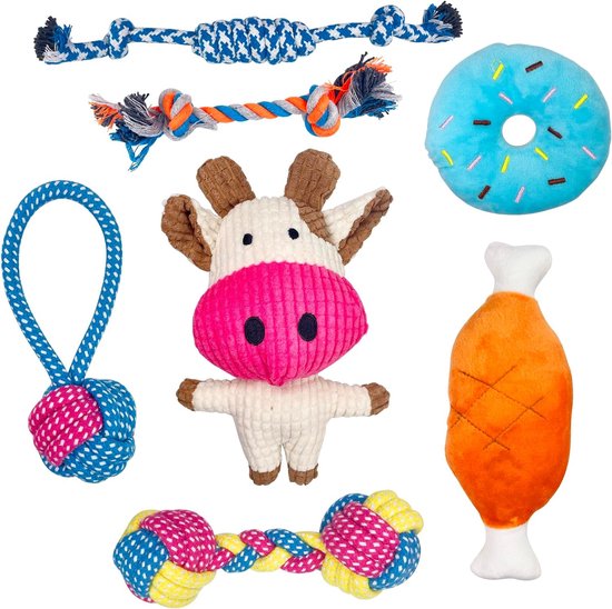 Pak van 7 hondenspeeltjes, kleine honden, puppyspeelgoed, hondenspeelgoed, hondenspeelgoed, duurzaam kauwspeelgoed en piepende intelligentie hondenknuffelset, puppy bijtvaste knuffel